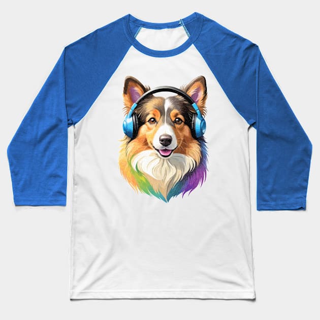 Colorful dog with headphones - Shetland Sheepdog Baseball T-Shirt by Outcast Brain